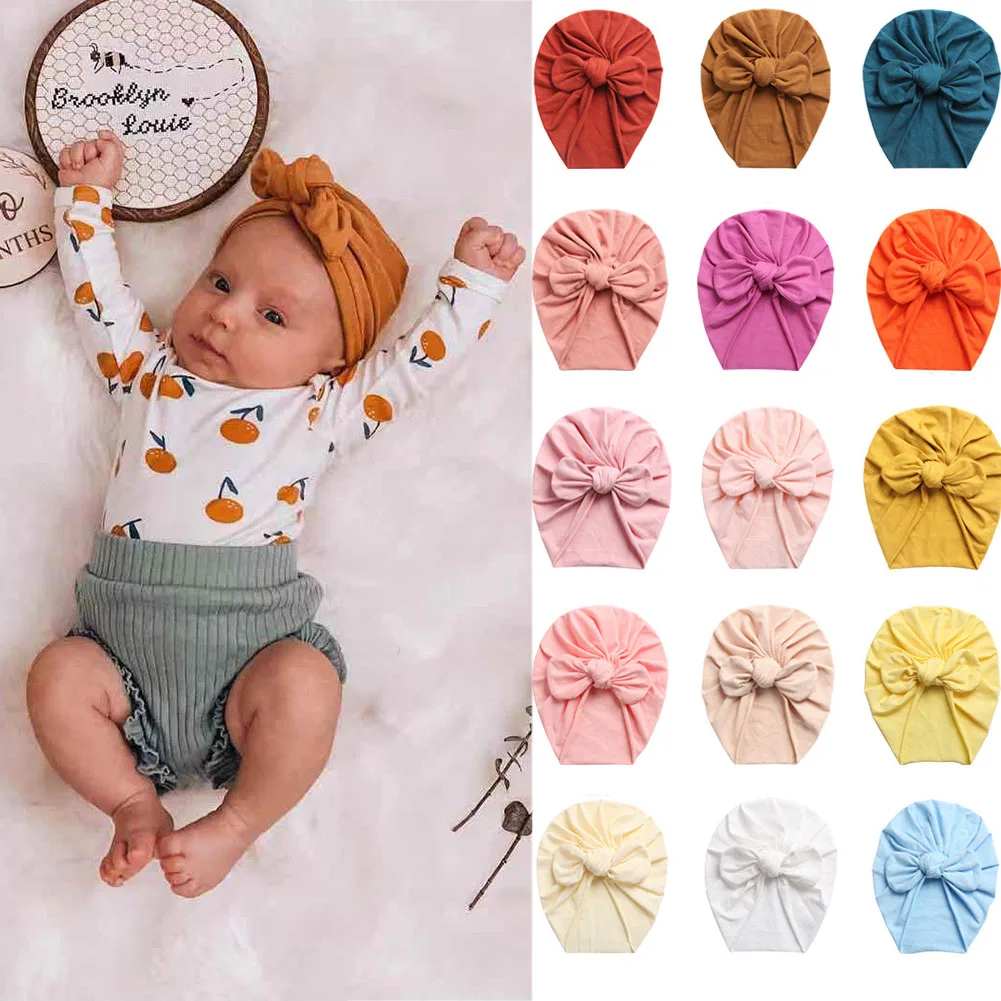 

Индийские шапки с узлом и кроличьими ушками для новорожденных, однотонный теплый тюрбан, банданы, повязка на голову, детская эластичная пов...