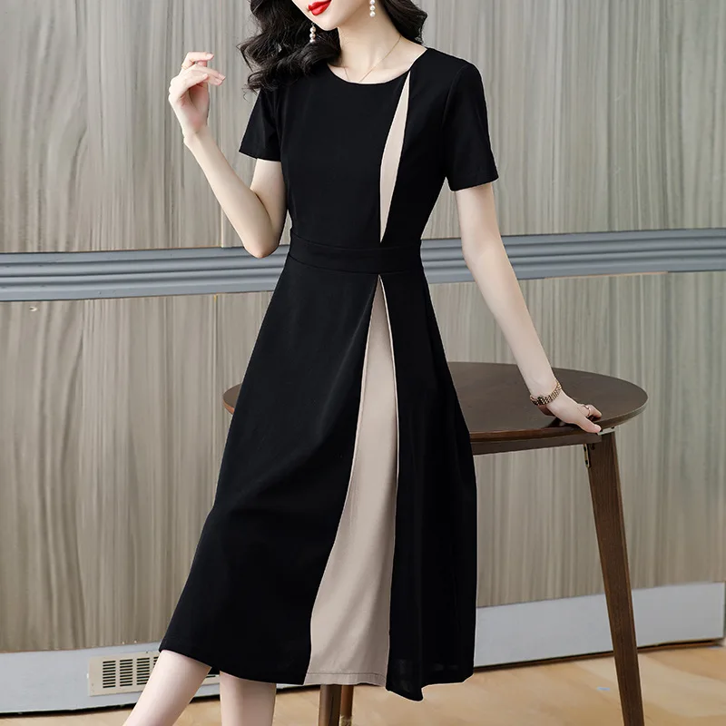 

elegant luxurious Design black midi dress senior women summer 2023 summer long short-sleeved contrast small black dress