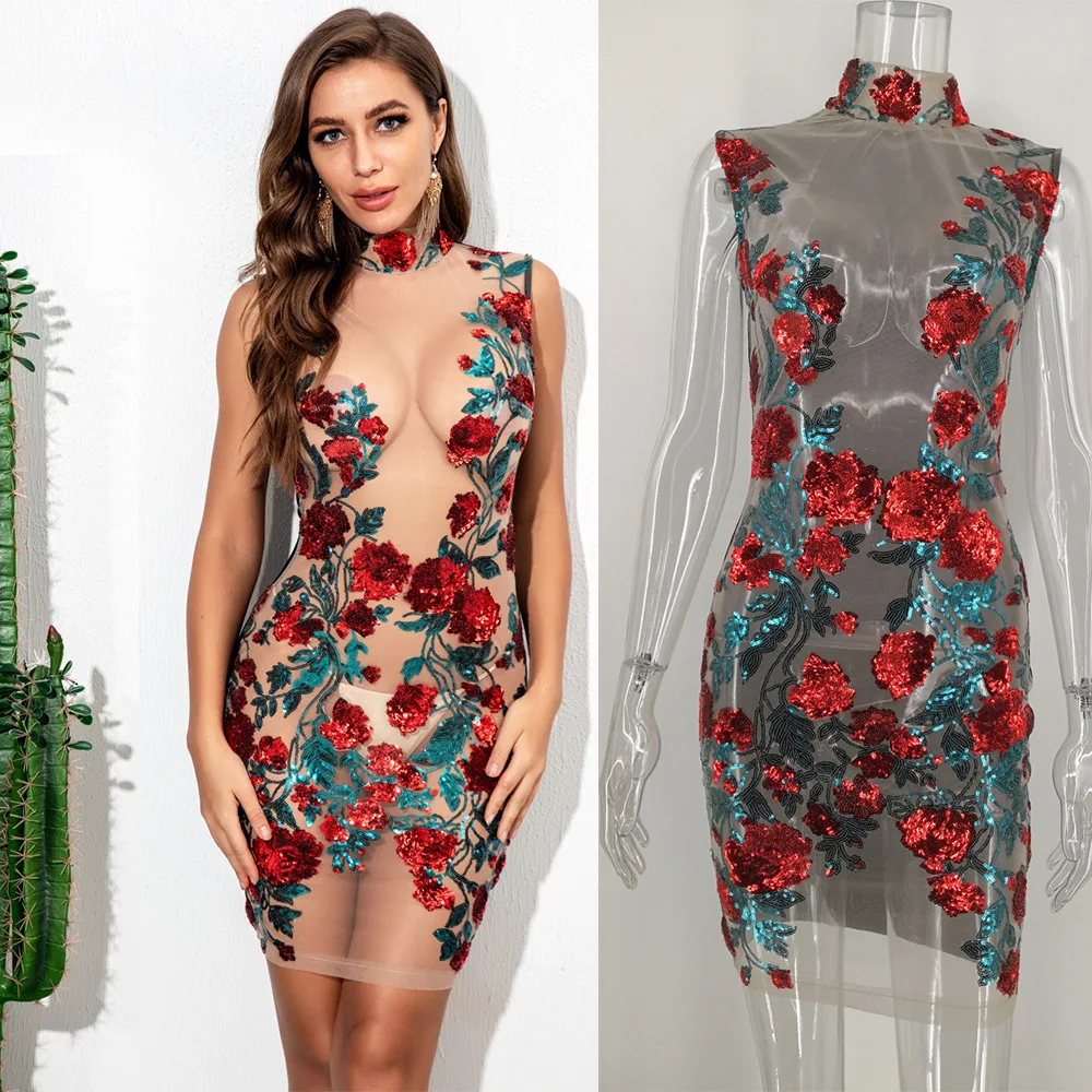 Women Mesh Mini Dress Sequin Sexy  See Through Summer Outfits Short Dresses Bodycon Party Dress