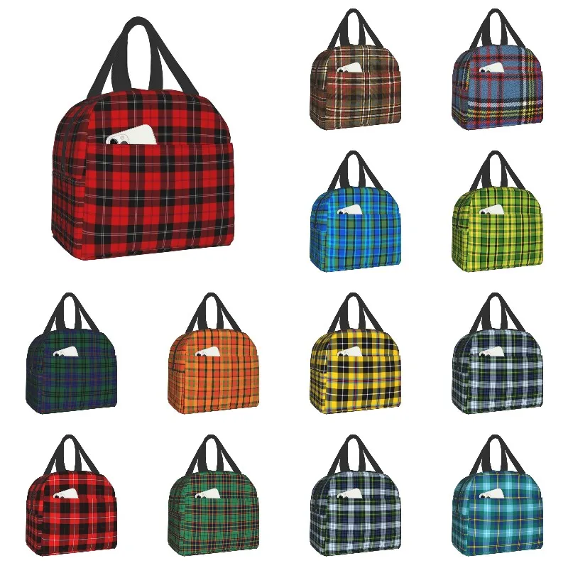 

Scottish Clan Tartan Portable Lunch Boxes for Women Check Plaid Thermal Cooler Food Insulated Lunch Bag School Children Student