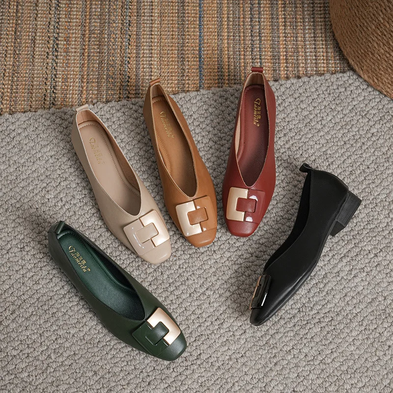 

2023 New French Low Heel Square Head Shallow Mouth Single Shoes Women's Soft Sole Flatsole Shoes Design Sense Women's Shoes