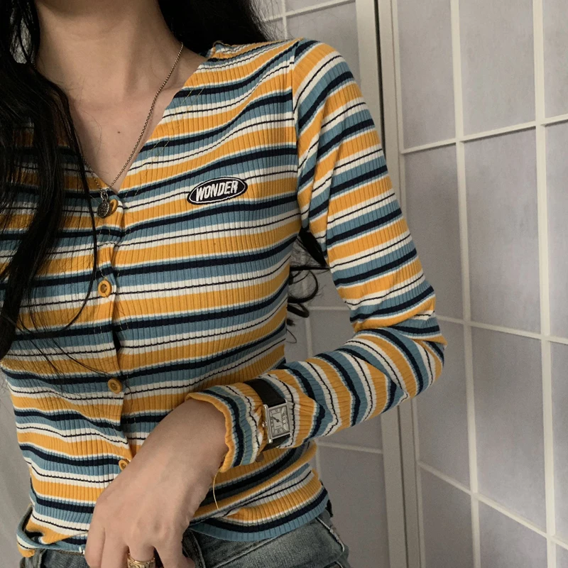 

Women All-Match Knit Wear Ins Fashion Tops Mujer Chaqueta Korean Striped V Neck Sweaters Vintage Slim Fall Winter Base Cardigans
