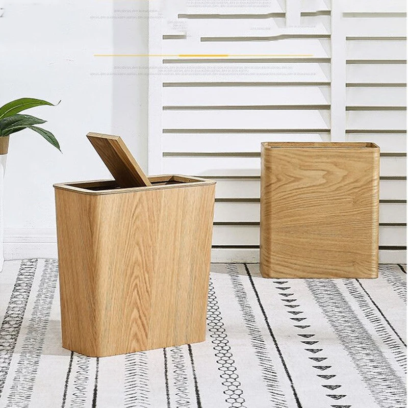 

Wooden Square Rectangular Trash Can Swing Cover Waste Bins Wastebasket Garbage Bin Home Kitchen Trash Can Decoration Trash Bin
