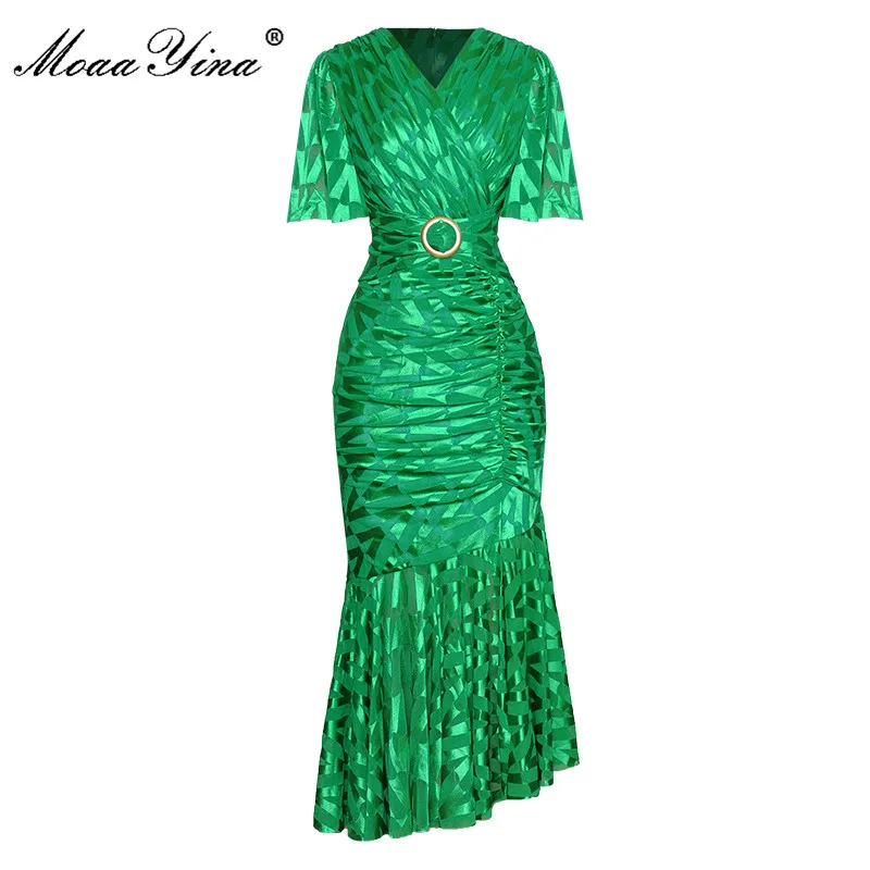 

MoaaYina, модное дизайнерское платье, весеннее женское платье, v-образный вырез, короткий рукав, драпировка, оболочка, сексуальные асимметричные платья русалки