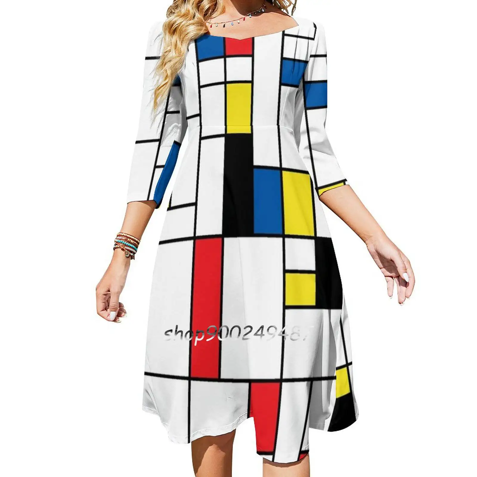 

Mondrian Square Neck Dress Cute Loose Print Dresses Elegant Beach Party Dress Mondrian Pattern Divistionist Red Blue Yellow