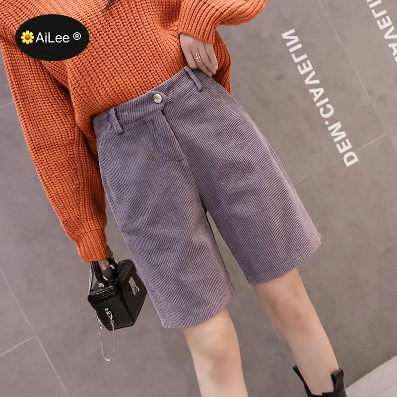Autumn Winter Velvet Shorts Korean Half Long A line Shorts Knee Length Elastic High Waist Shorts Warm Wide Leg Shorts Women