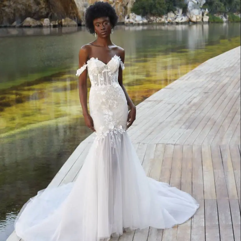

2023 Simple Mermaid Wedding Dress Sweetheart Lace Appliques Off Shoulder Bridal Gown Sexy Backless Sweep Train Vestidos De Novia