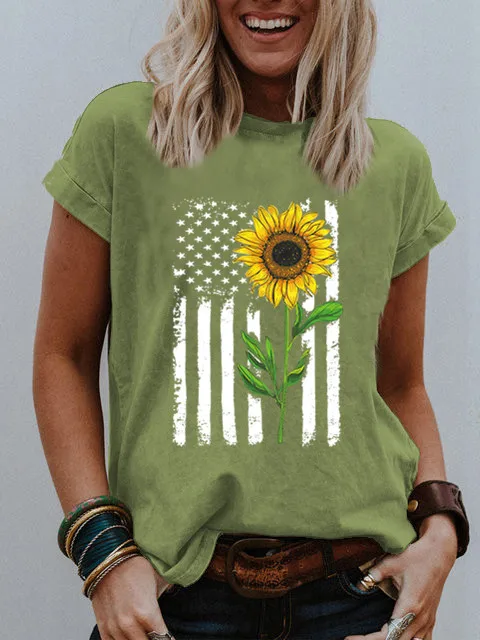 

Hot sell Europe and the United States new sunflower print pattern round neck short sleeve T-shirt fashionable girl T-shirt
