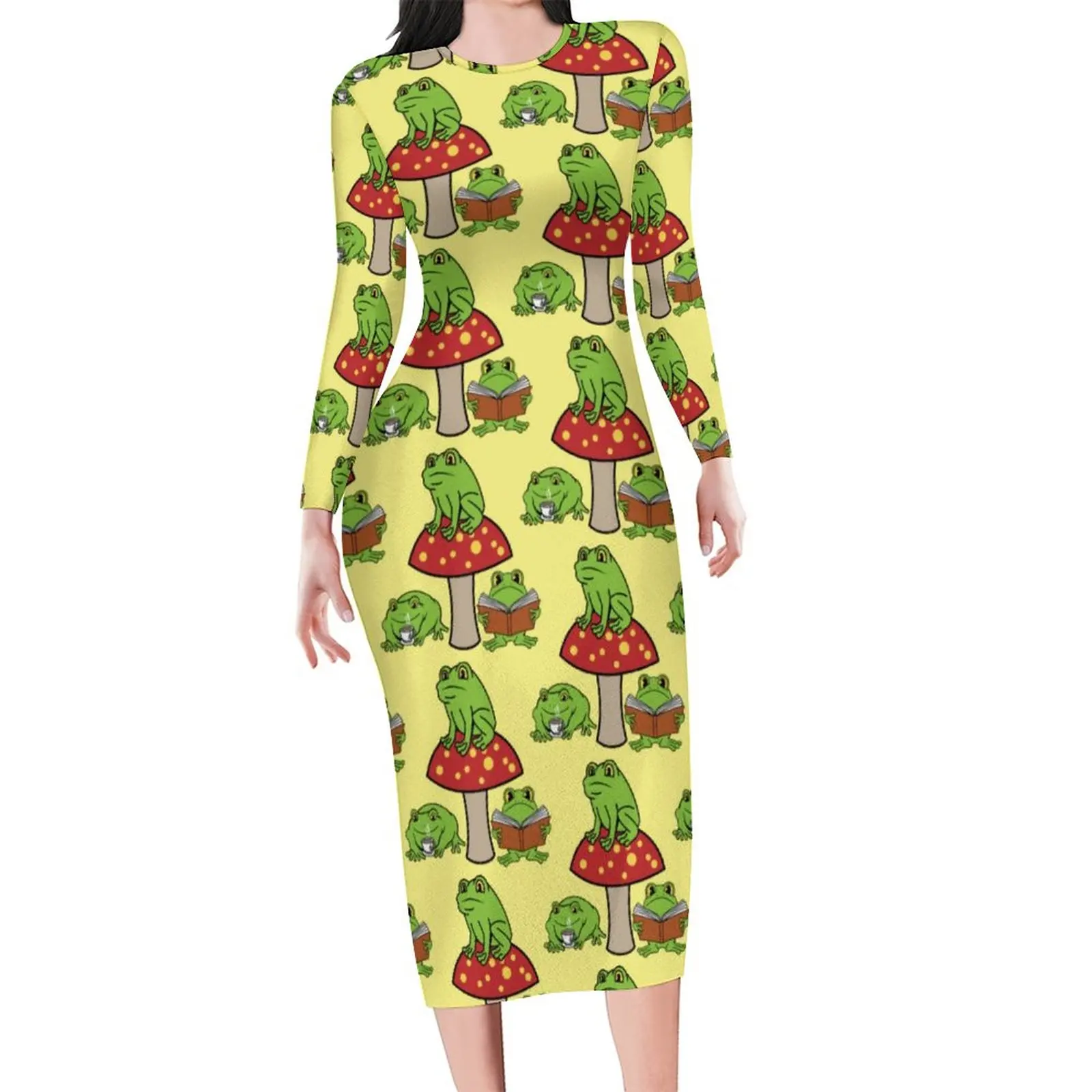 

Женское платье с рисунком лягушки, Красное Облегающее уличное Платье с принтом в виде грибов, Современные платья с длинным рукавом, дизайне...