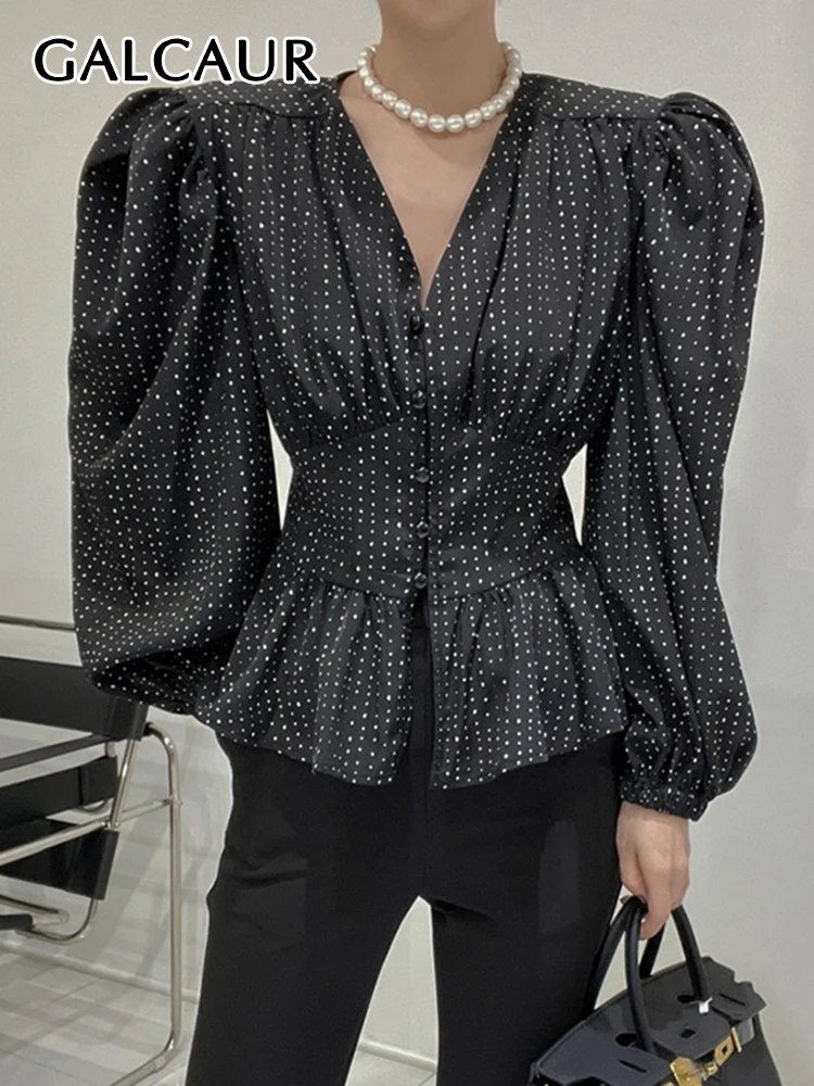 

Женская блузка в горошек, с V-образным вырезом и длинным рукавом