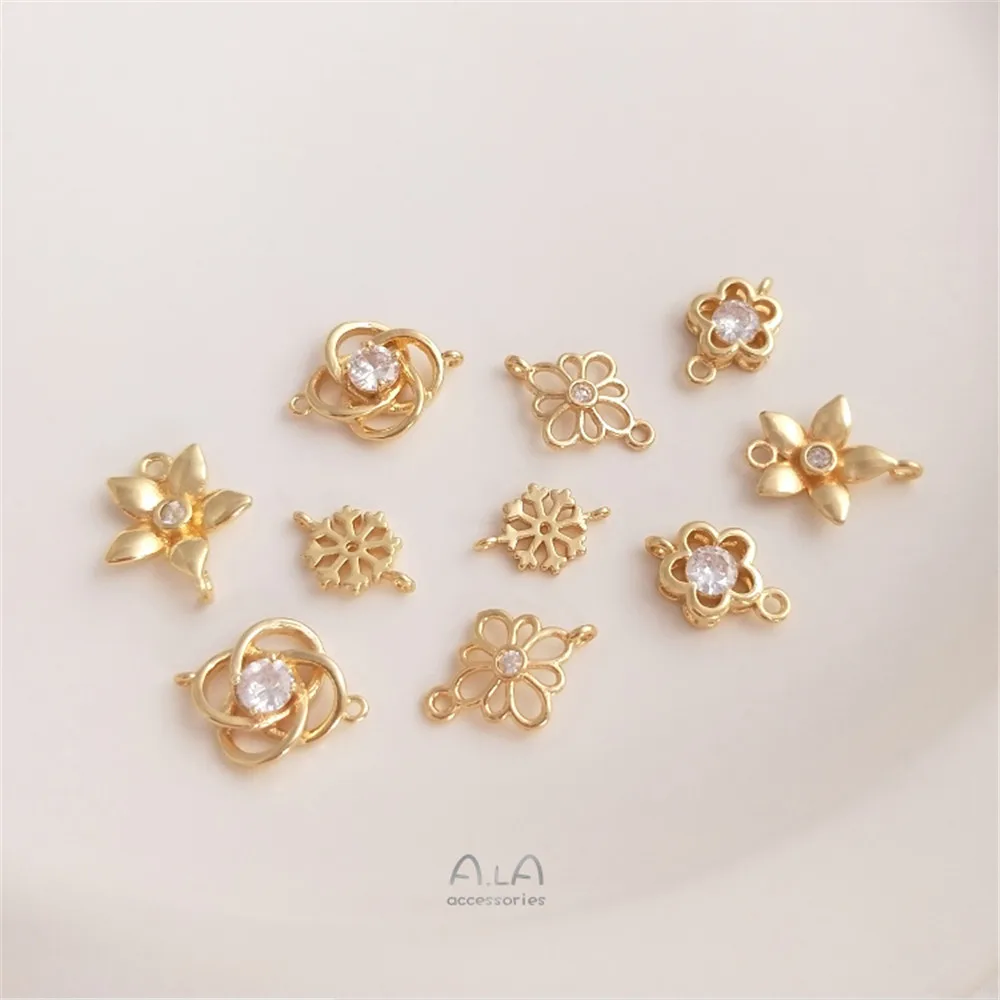 

1Pcs 14K Bag Gold Zircon snowflake plum blossom flower double hanging connector pendant bracelet necklace manual DIY accessories