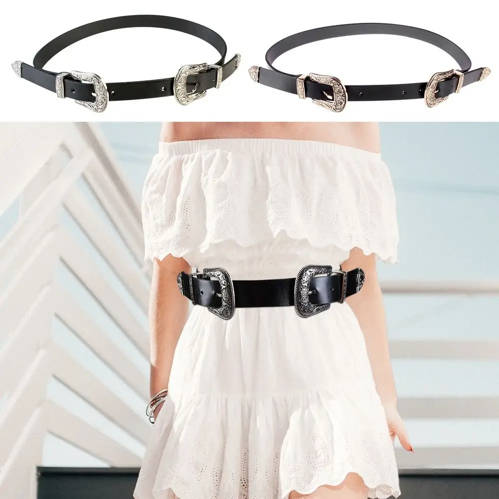 

Women Luxury Design Gothic Casual Carved Design Leather Belt Waist Strap Double Buckle Waistband Trouser Dress Belts