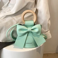 bow tie round wooden handle design mini pu leather crossbody side bag women 2022 summer fashion shoulder handbag cute totes
