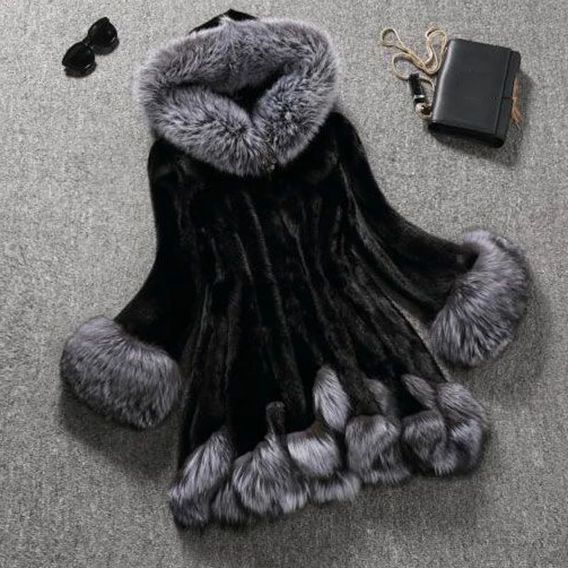 Women Mink Luxury Long Coats Imitation Faux Fur Jackets 2021 New Coat White Gray Outerwear with Fur Hat Female Thick Jacket Ins