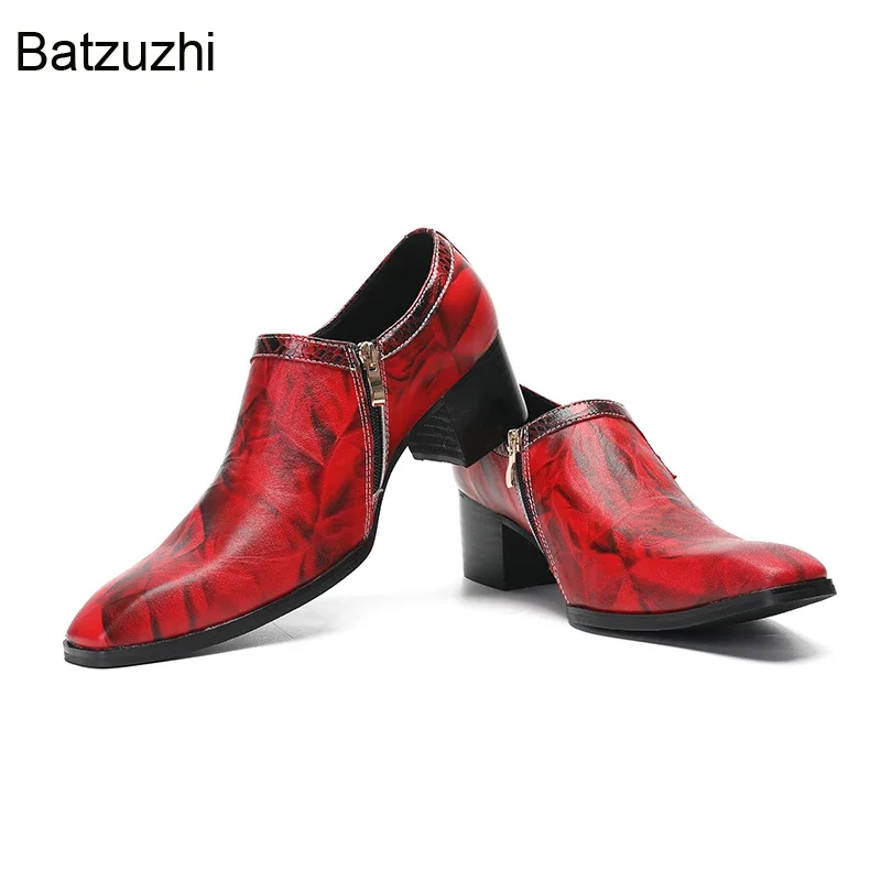 Batzuzhi Мужские туфли на каблуке 5 см с острым носком Красные модельные из