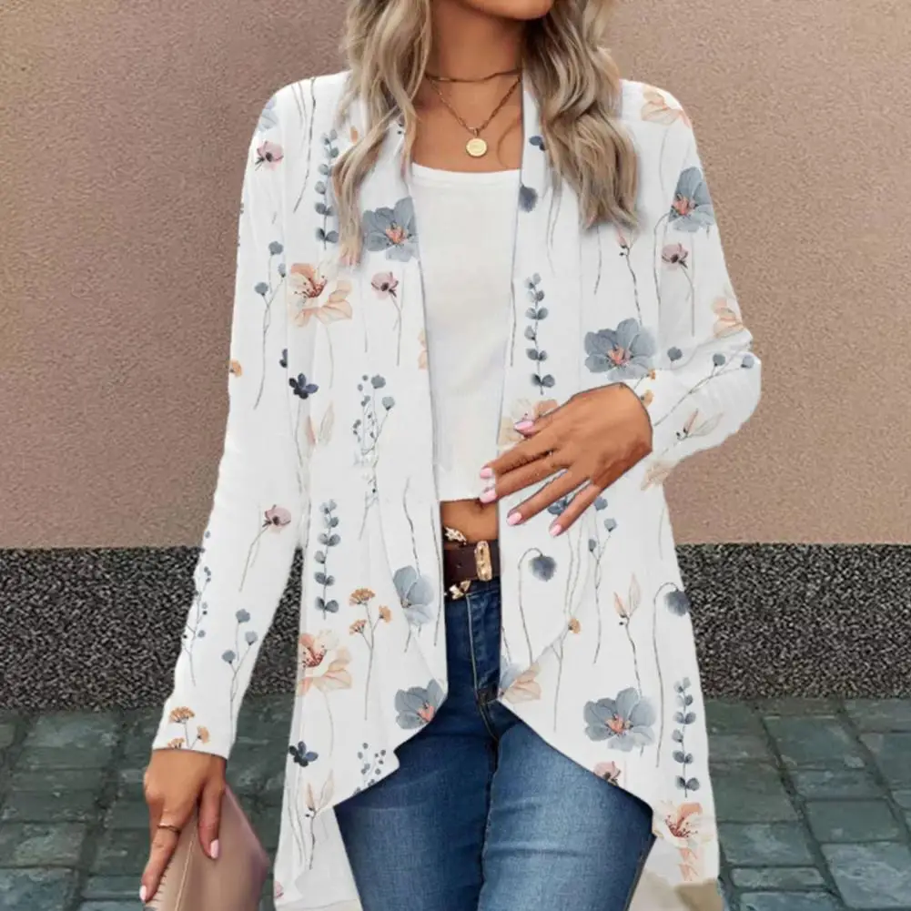 

Women Spring Autumn Cardigan Coat Long Sleeve Collarless Mid-length Coat Irregular Hem Open Front Floral Print Outerwear