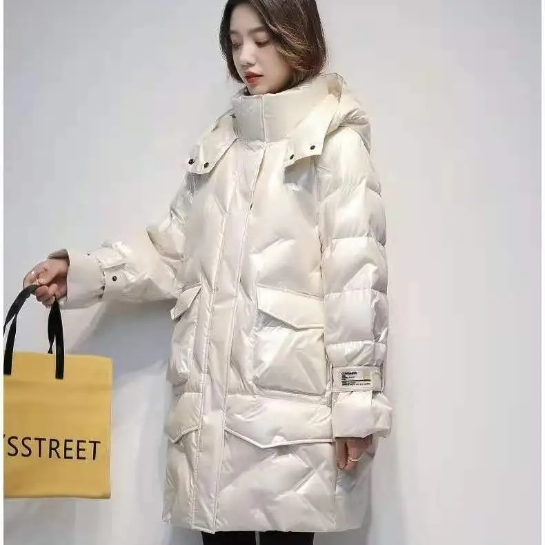 Women Down Parka Mid Length Winter Thick Warm Waterproof Warm Duck Feather Down Female Hooded Puffer Coat Glossy Outwear L117