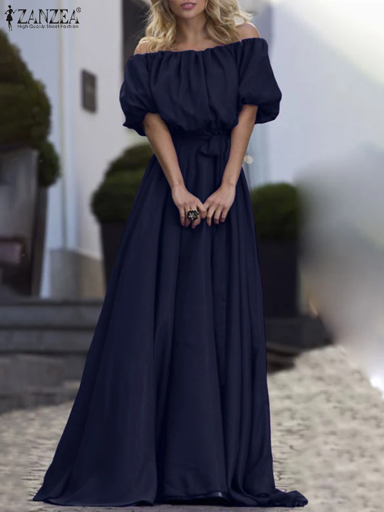 

2022 ZANZEA Elegant Short Puff Sleeve Maxi Vestidos Summer Dresses Women Solid Sundress Female One Shoulder Lace Up Robe Femme