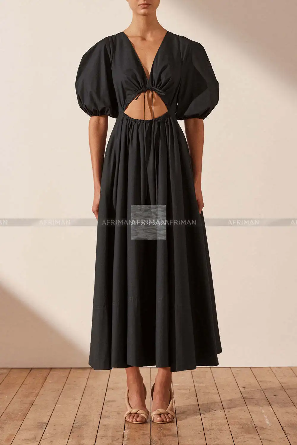 2023 New V Neck Short Lantern Sleeve Cutout Waist Women A-line Midi Cotton Dress