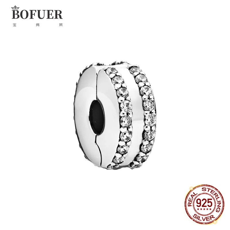 

BOFUER Shiny Crystal Fixing Clip Charm Bead Fit Original Silver 925 Charms Bracelet For Women DIY Clip Bead Jewelry Gift