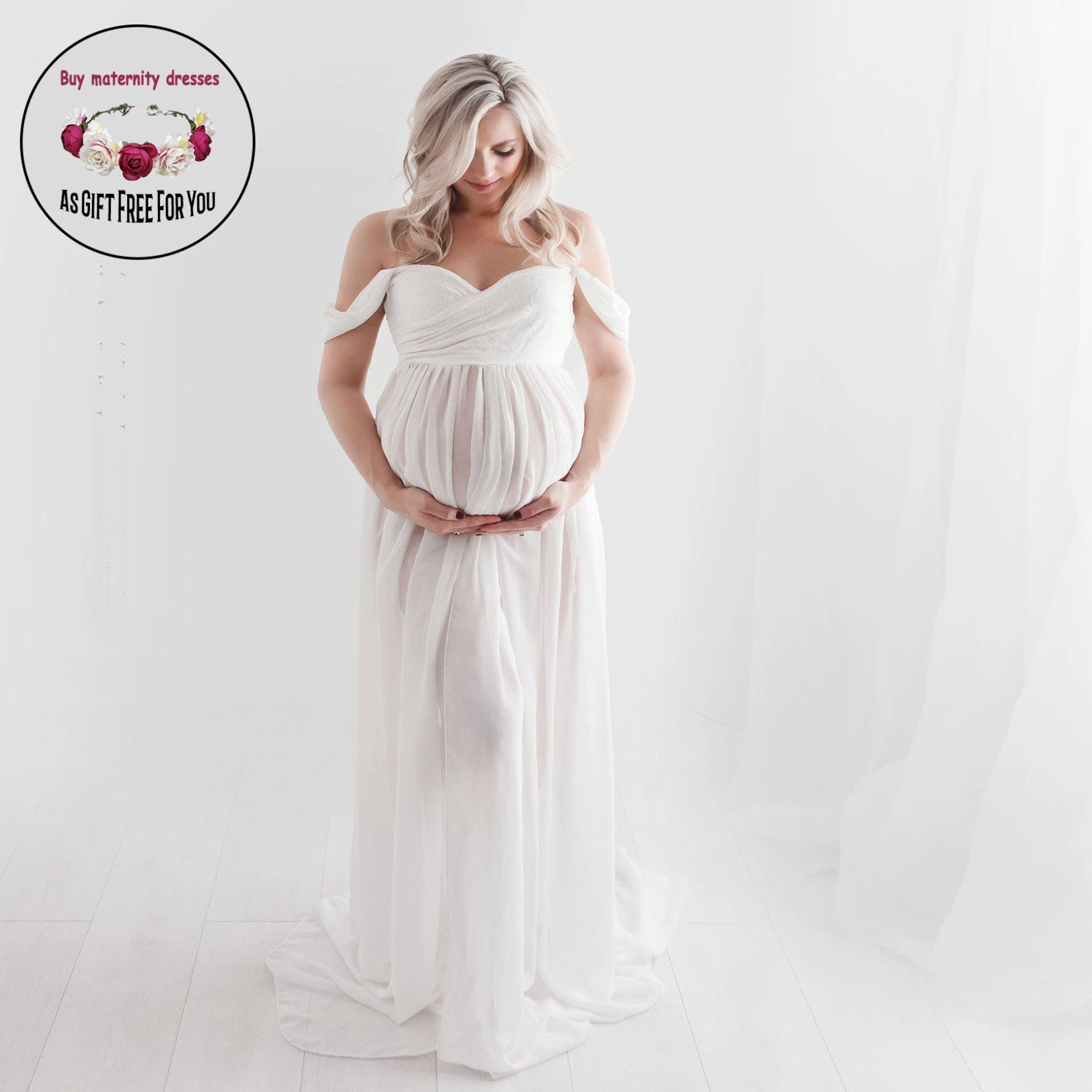 Women Deep V-neck Pregant  Dress  split Off Shoulder  Swing Maternity dress maternity Photography dress