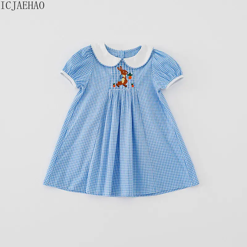 

2023 Korea Spanish Summer Baby Girl Dress Smocking Kids Clothes Blue Plaid Rabbit Emboridery Dresses Children Casual Loose Frock