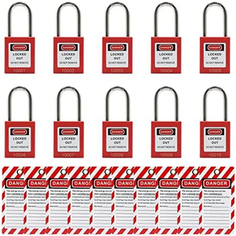 

Красные блокировочные замки с 10 блокировочными ярлыками, разные ключи, совместимые с безопасными замками (красный, разные клавиши)