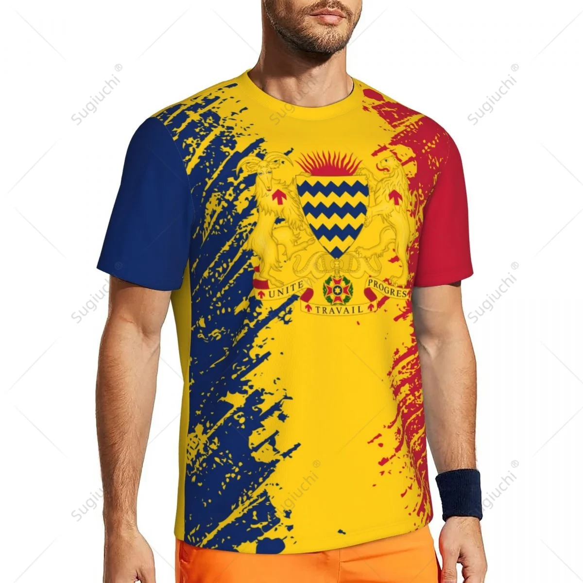 Фото Эксклюзивный дизайн Chad Flag Grain с 3D принтом для мужчин для бега, велосипеда, футбола, тенниса, фитнеса, спортивная футболка, короткая футболка с сеткой для фанатов №4