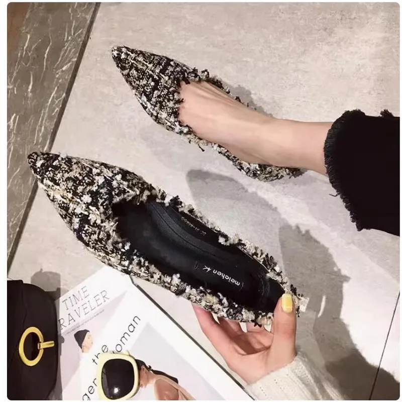 Туфли женские с острым носком балетки без застежки лоферы плоская подошва стиль