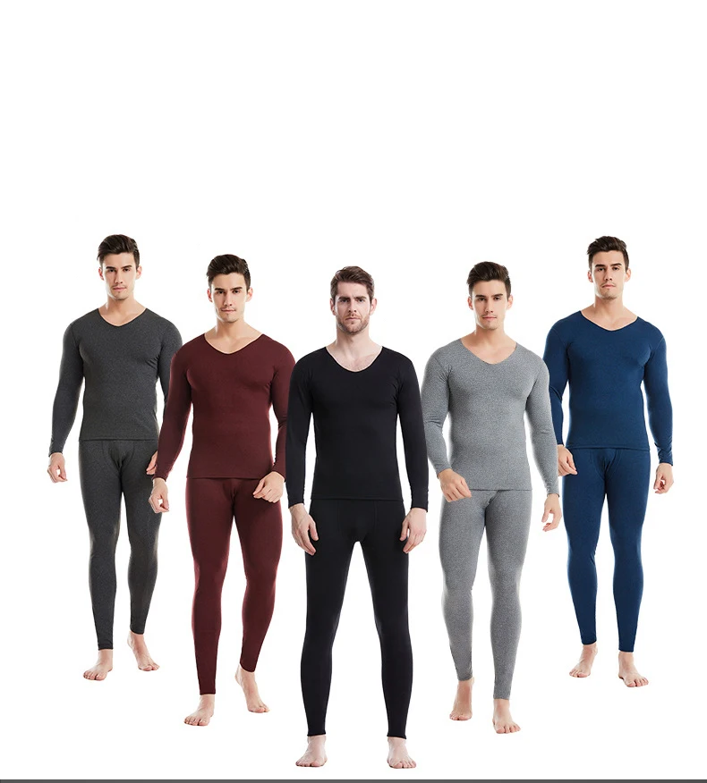 High Quality Long johns men thermal underwear sets thin fleece elastic material soft V-neck undershirt+underpants size L to 4XL