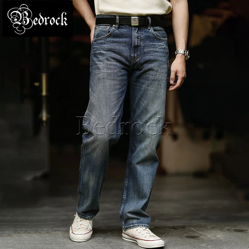 MBBCAR 14.5oz selvedge denim jeans men whisker monkey wash blue cattle jeans distressed restoration retro wear straight pants