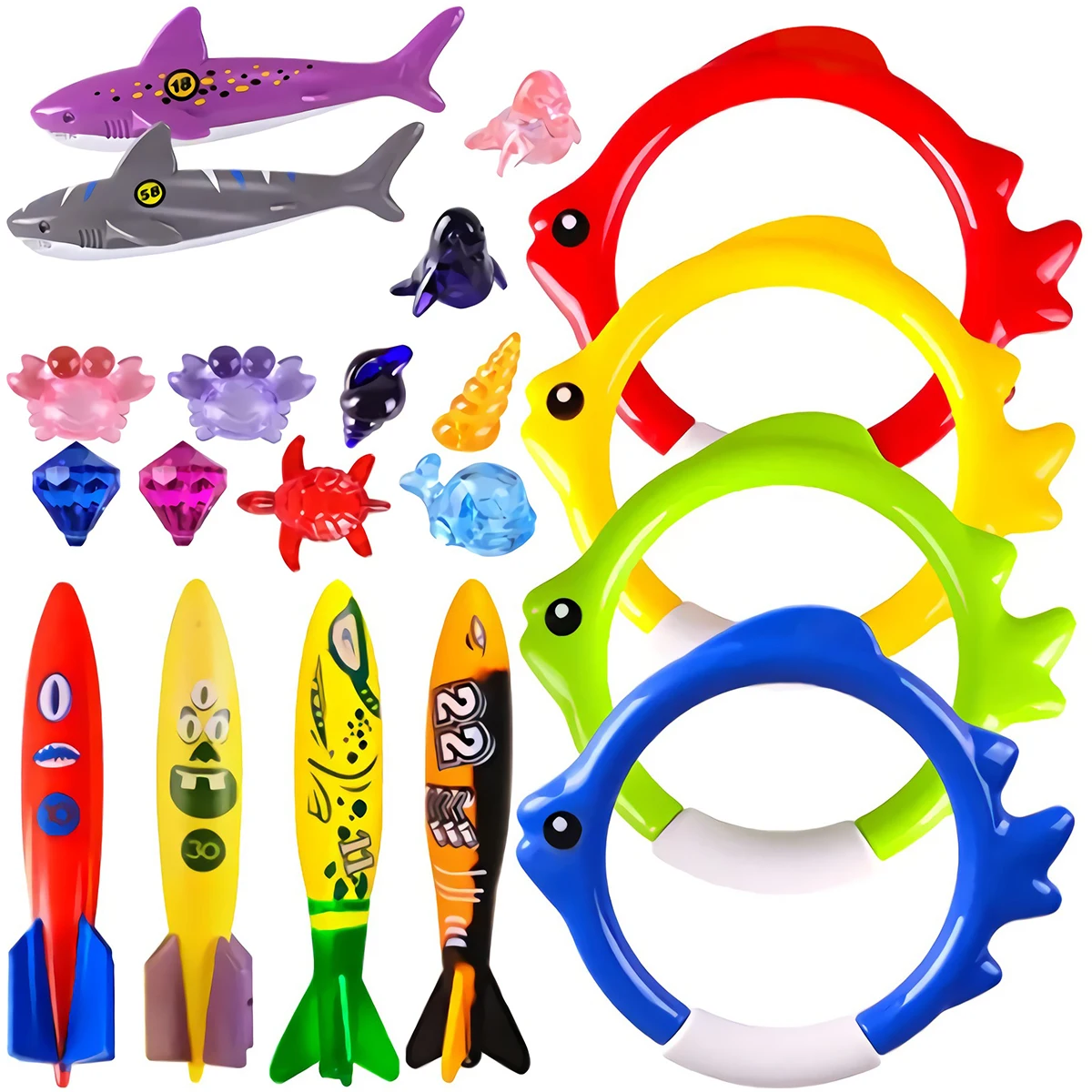 

20 Pcs Swimming Pool Toys Underwater Diving Game Kit for Kids Fun Swimming Pool Games Sinking Toy Set Diving Rings Sea Animals