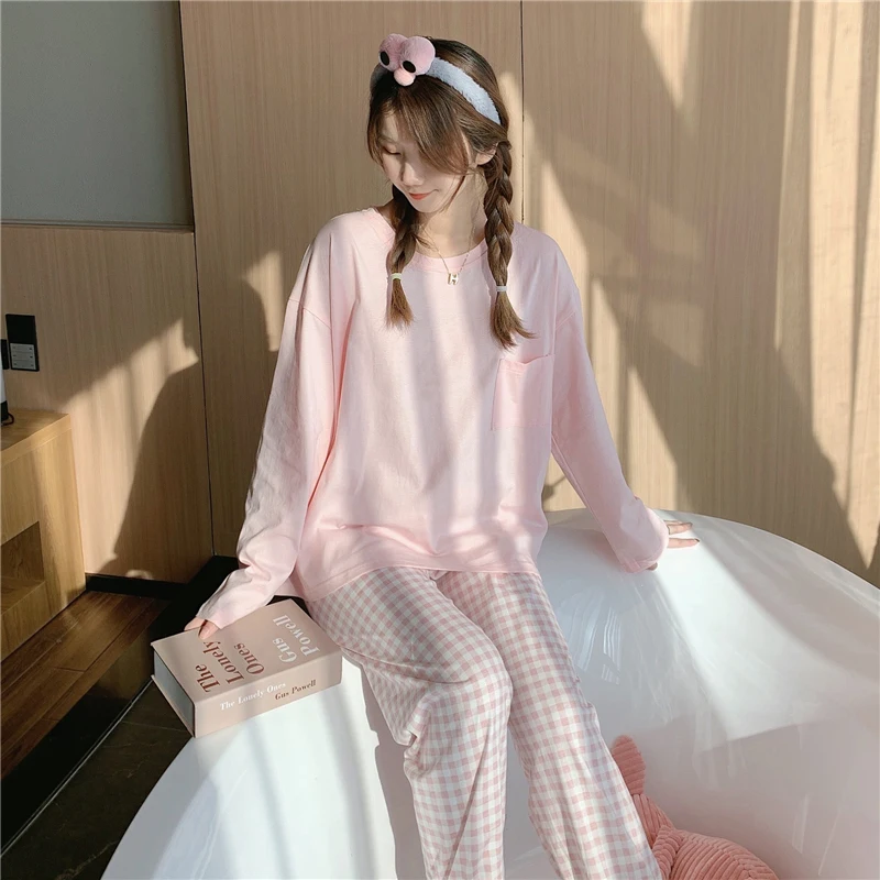 Yasuk Spring Summer Fashion Women's Casual Lovely Solid Plaid Long Short Sleeve Sleepwear Soft Pajamas With Pants Loose Pullover