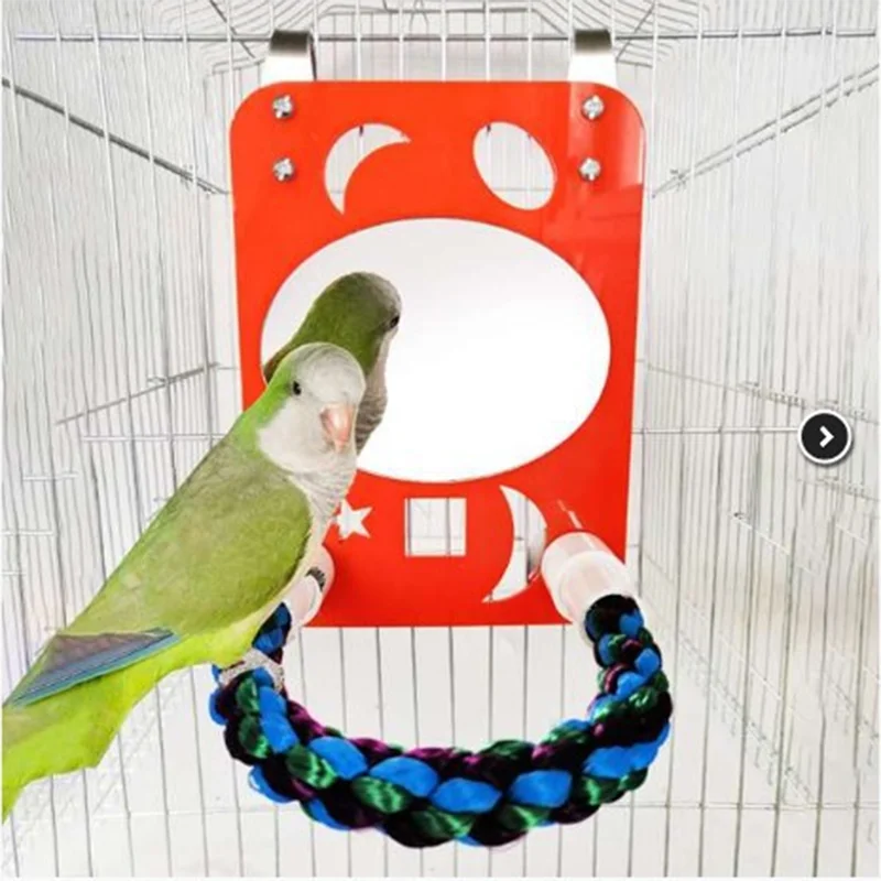 

Bird Large Mirror & Rope Perch Cage Toy for Parrot Parakeet Macaws Finches Small Parakeet Rope Stand Stick