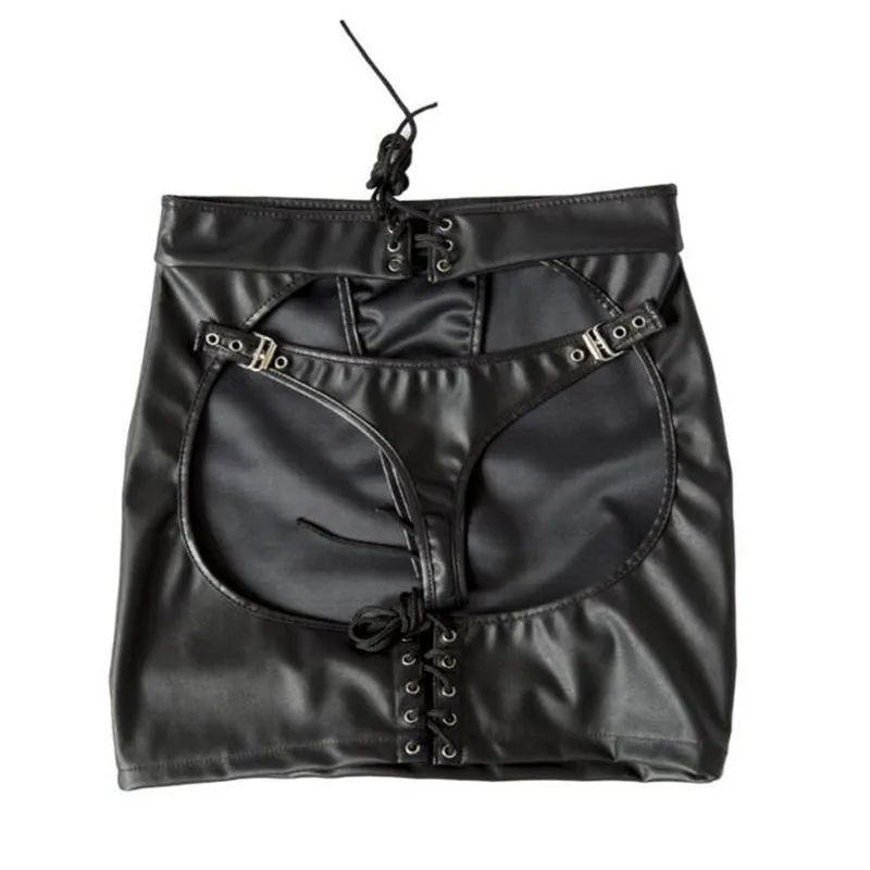 S-XXL Women Sexy Black PVC Faux Leather Mini Skirt & G-String Night Field DS Stage Show Bandage Skirts