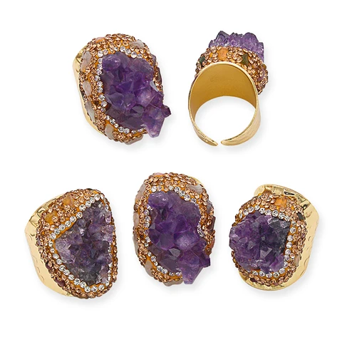 Женское Открытое кольцо с аметистом, нестандартное кольцо с фиолетовым кристаллом в стиле бохо, свадебное Ювелирное Украшение с турмалином