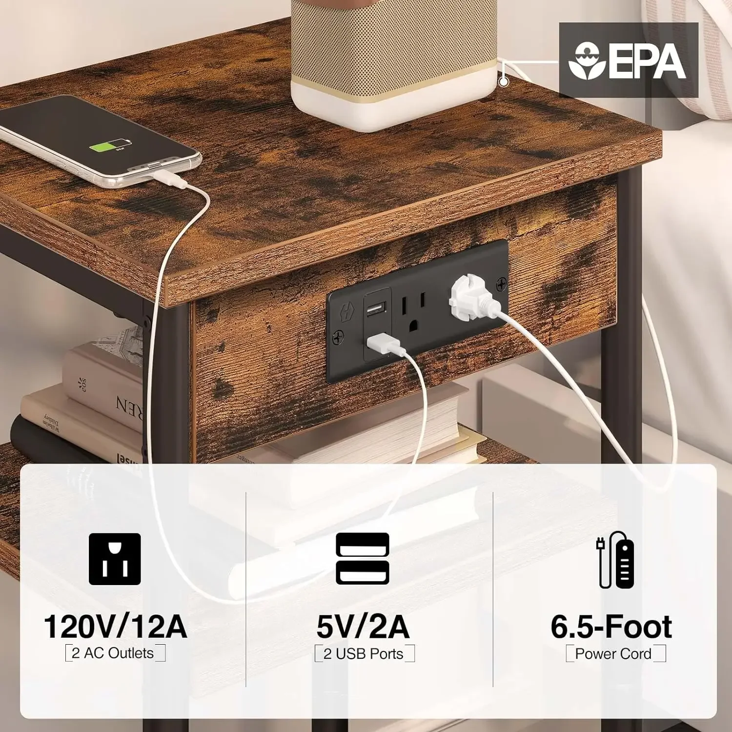 Торцевой столик с зарядной станцией тумбочка 3 полками для хранения узкий