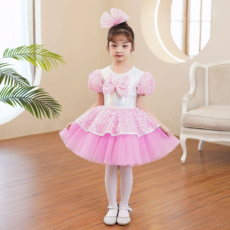 Детское современное платье для выступлений 1 июня розовая Пышная юбка с