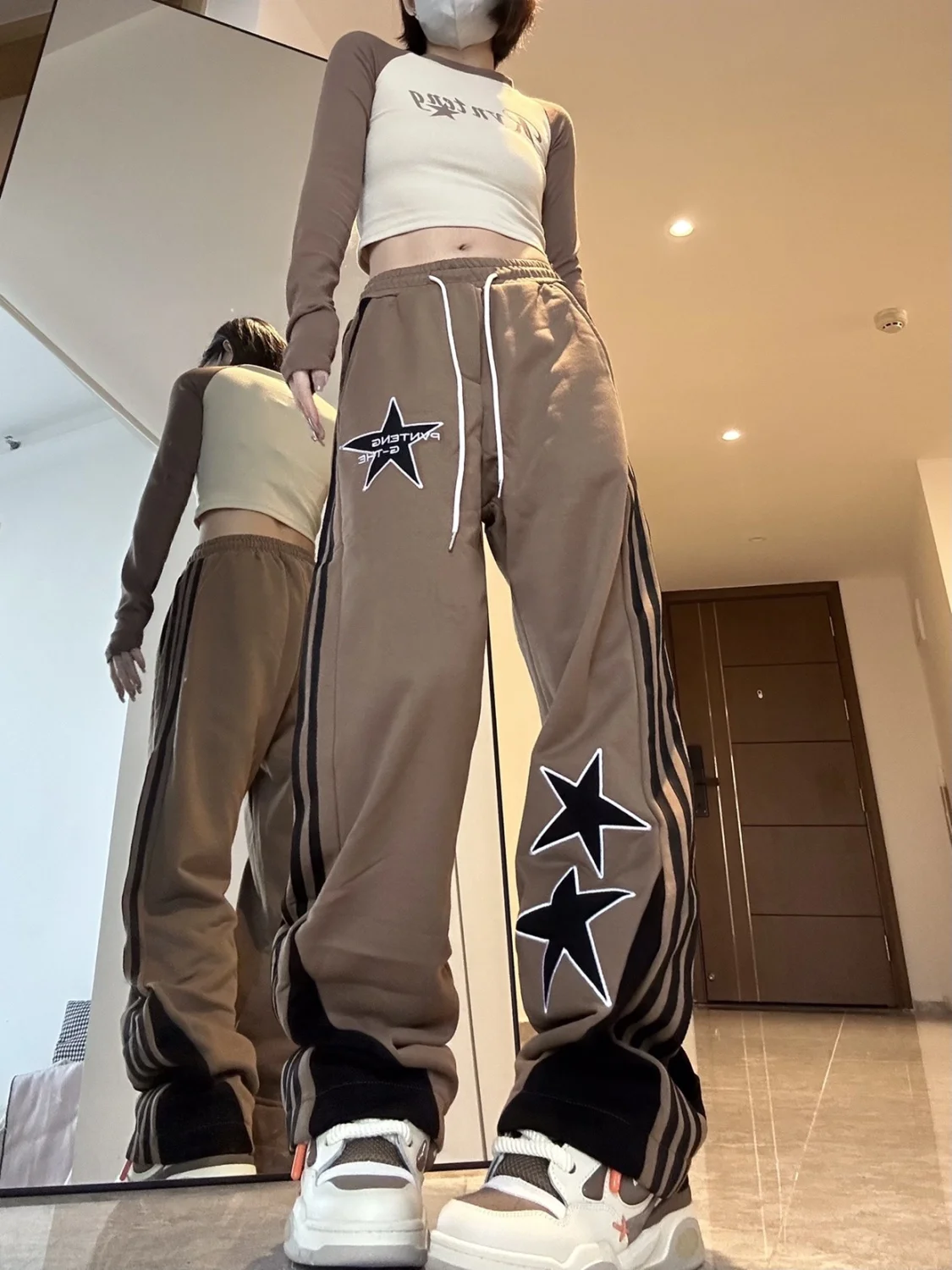 

2023Casual slim-fit pants, Star Printed Side Stripe Casual Pants Retro Casual Sports Sweatpants Summer Elastic Waist Wide Leg St