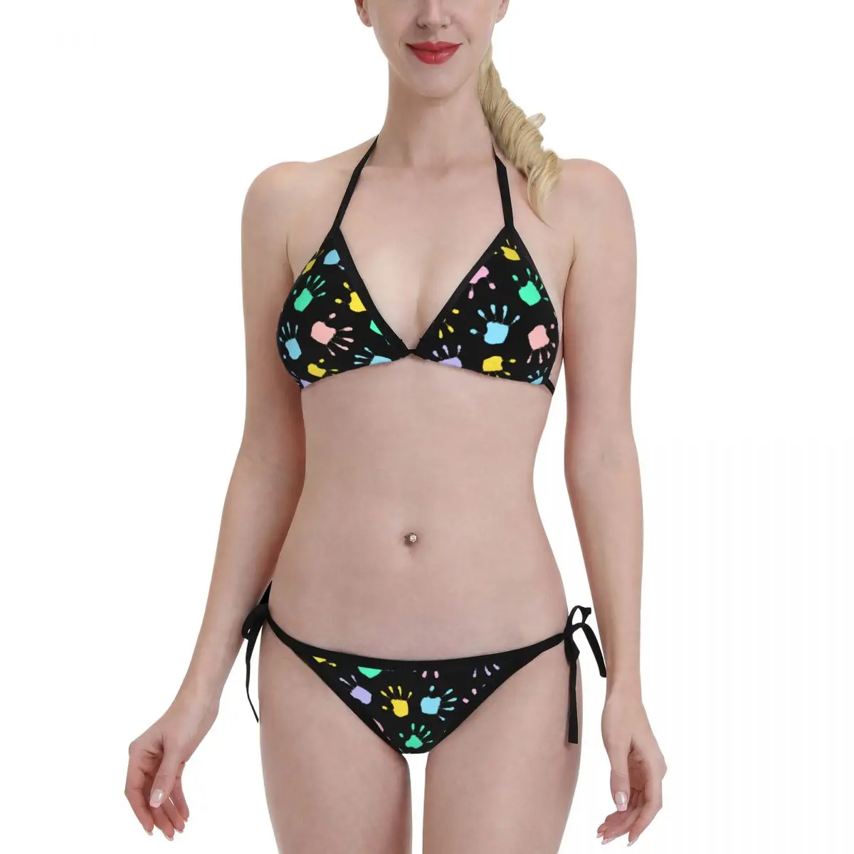 

New Sexy Bikini Sets Joyful Funny Hand Print Swimsuit Women Push Up Bathing Suit Brazilian Beachwear Set XXL