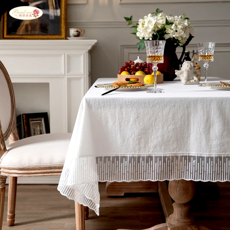 

Proud Rose White Color Cotton Linen Tablecloth Modern Minimalist Lace Rectangular Table Cover Family Party Wedding Decoration