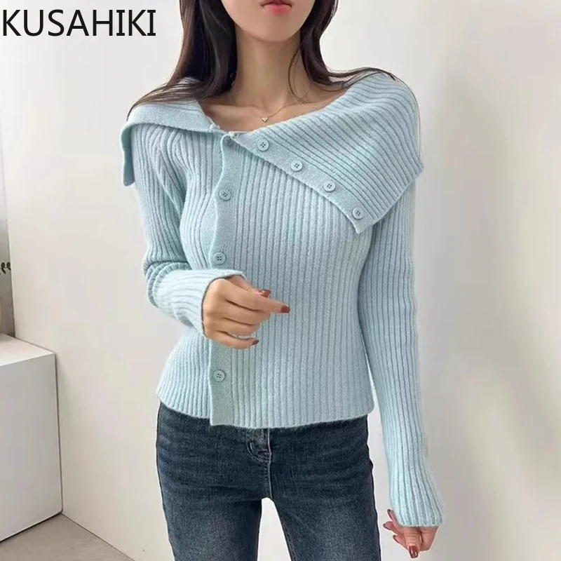 KUSAHIKI корейский осенне-зимний нишевый однобортный облегающий вязаный свитер с