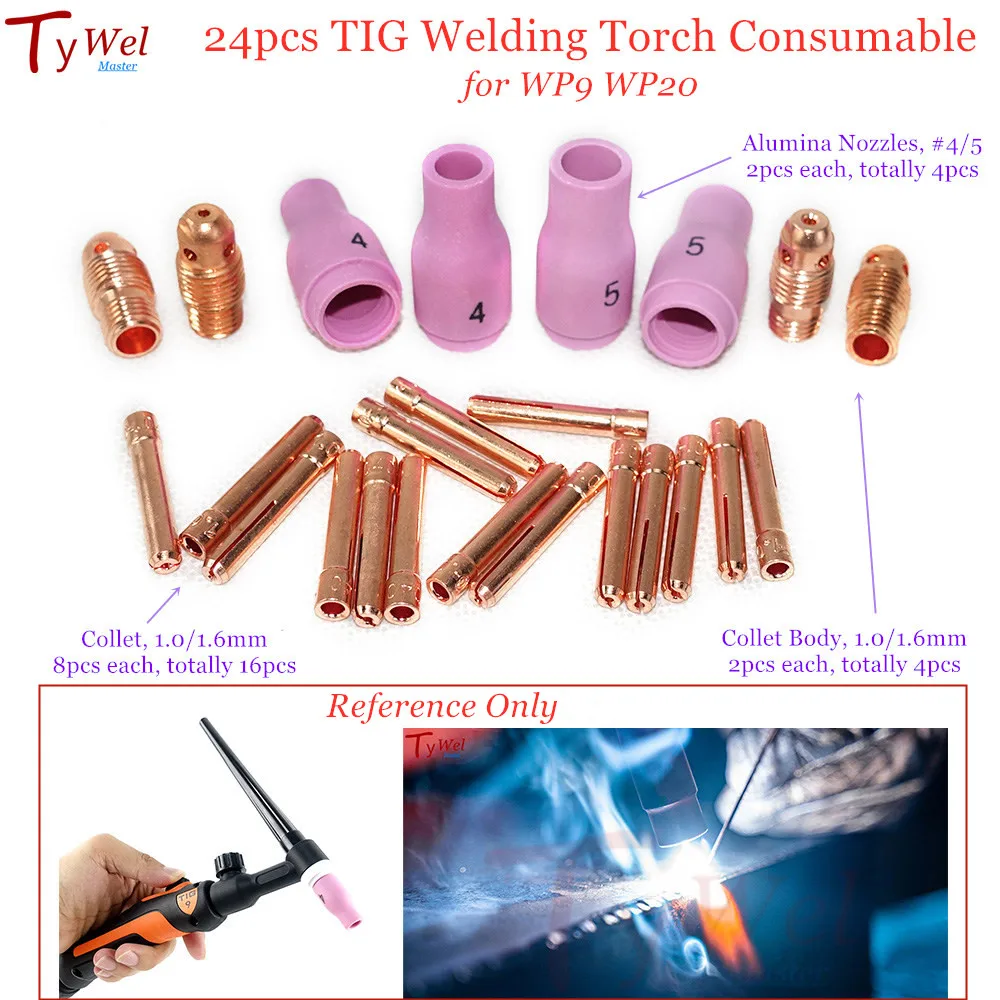 24pcs TIG Welding Torch Consumable 1.0mm 1.6mm TIG Tungsten Electrode Collet Alumina Nozzle for WP9 WP20 Series TIG Torch
