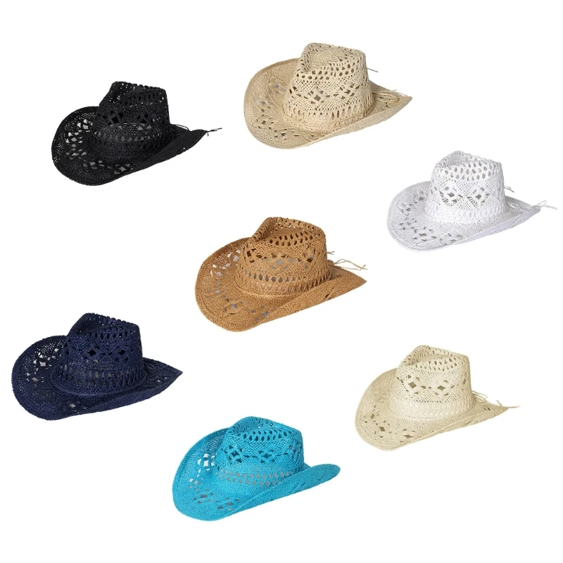 

Crochet Women Straw Weaving Cowgirl Hat Wide Brim Hollow Hat for Photoshoot