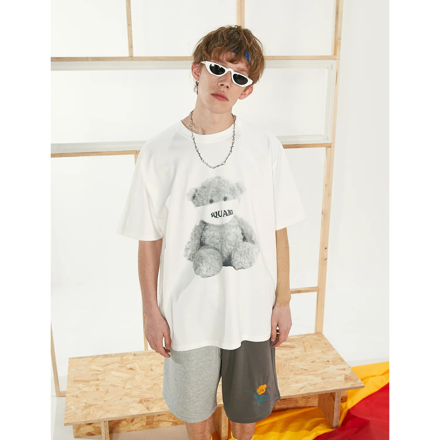 Оригинальная Универсальная футболка с квадратным принтом медведя Houlest Модная