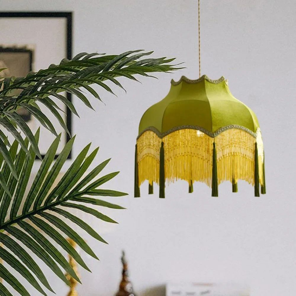 Винтажная Потолочная люстра зеленая тканевая прикроватная лампа с кисточками