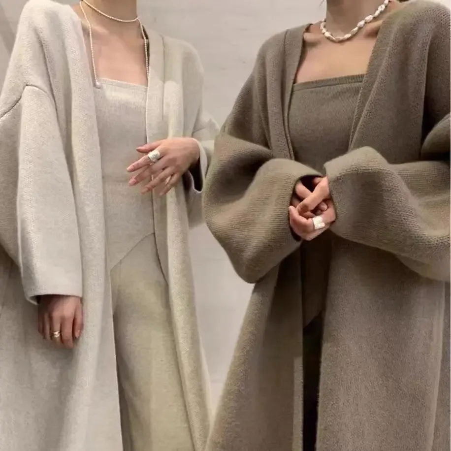 

VANOVICH осень-зима 2023 новинка Женский вязаный кардиган пальто с воротником-лодочкой Повседневный Топ с высокой талией широкие брюки Комплект из трех предметов