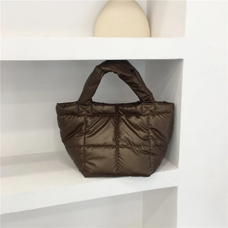 

Winter Space Down Tote Quilted Padded Handbags Nylon Plaids Bucket Bags for Women Cotton Female Purses Small Soft Designer Bag