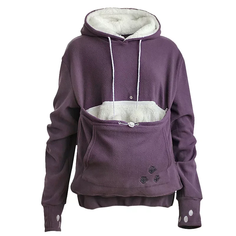 

Aonibeier Winter Warm Pet Pouch Hoodie Women Sweatshirt Embroidery Big Pocket Ladies Pullovers Cat Lovers Dog Hoodies Plus Size
