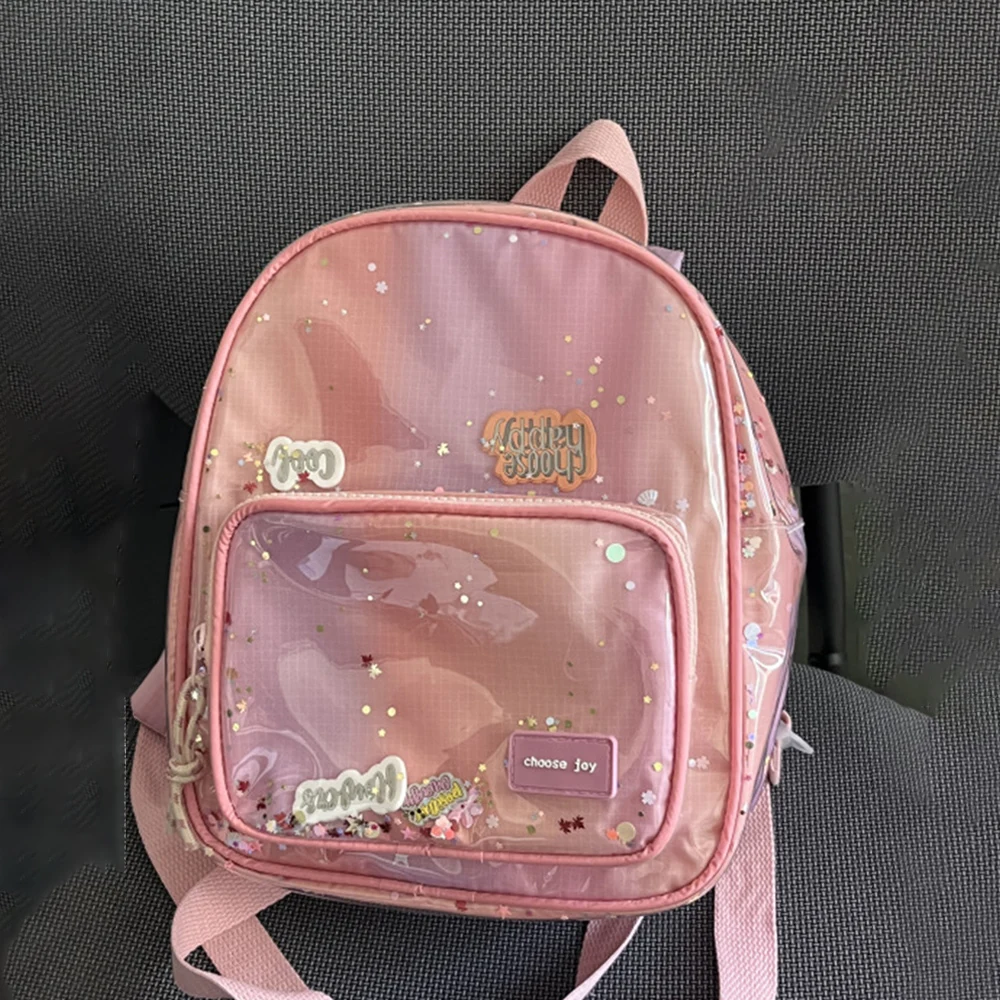 Pink Gradient Transparent PVC Backpack Girl Stars Glitter Decoration Children's Bag Cute Small Daypack Outdoor School Bag Domil